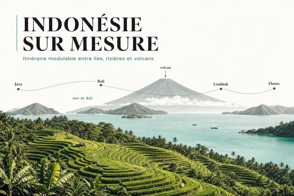 Voyage sur mesure Indonésie : rizières de Bali, volcan et mer turquoise dans une composition éditoriale