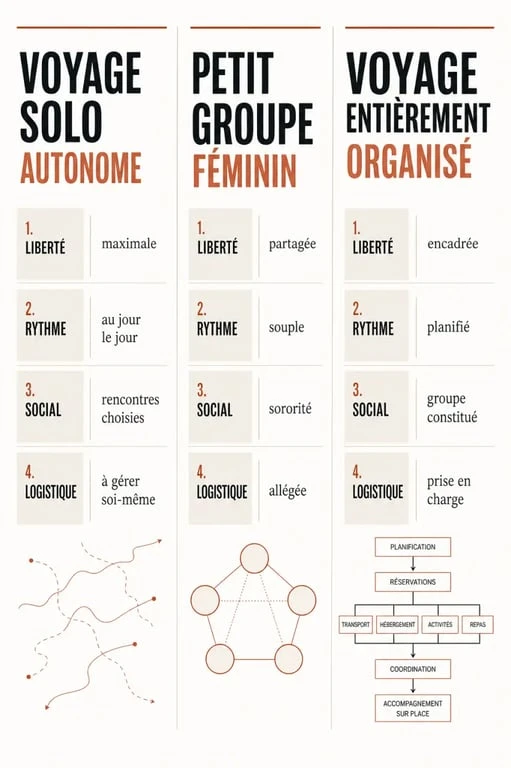 Voyage pour femme seule : comparaison visuelle entre voyage solo autonome, petit groupe féminin et voyage organisé