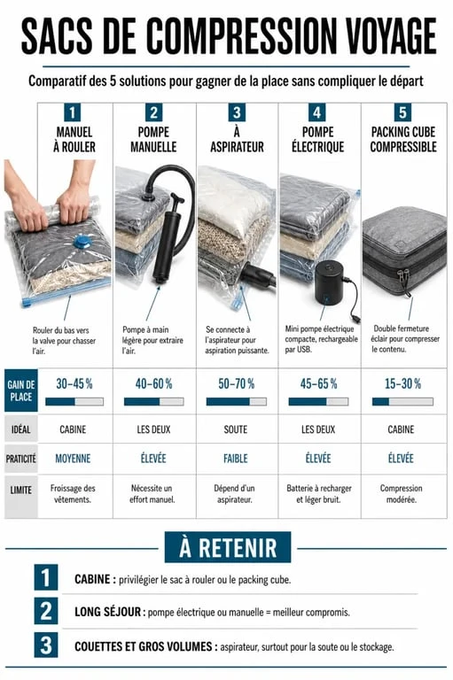 Meilleur sac de compression voyage : infographie comparative des types manuel, pompe, aspirateur et électrique