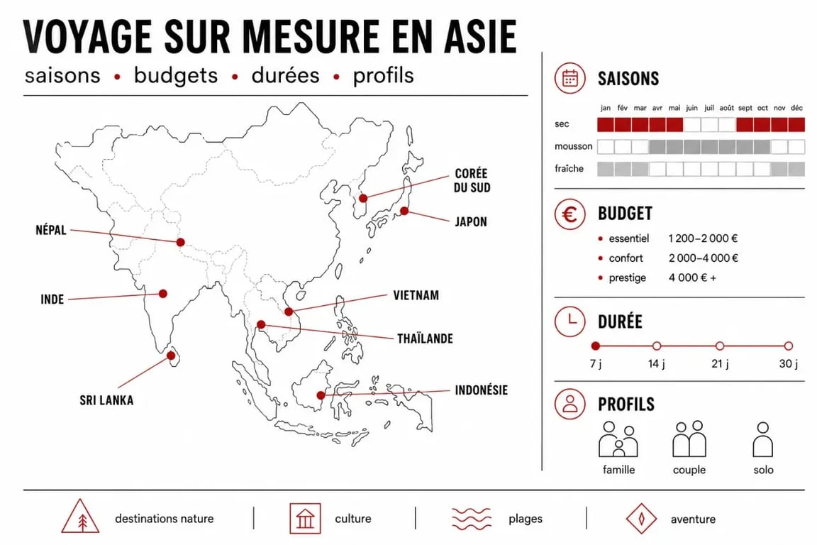 Voyage sur mesure Asie : synthèse visuelle des destinations, saisons, budgets et profils de voyageurs