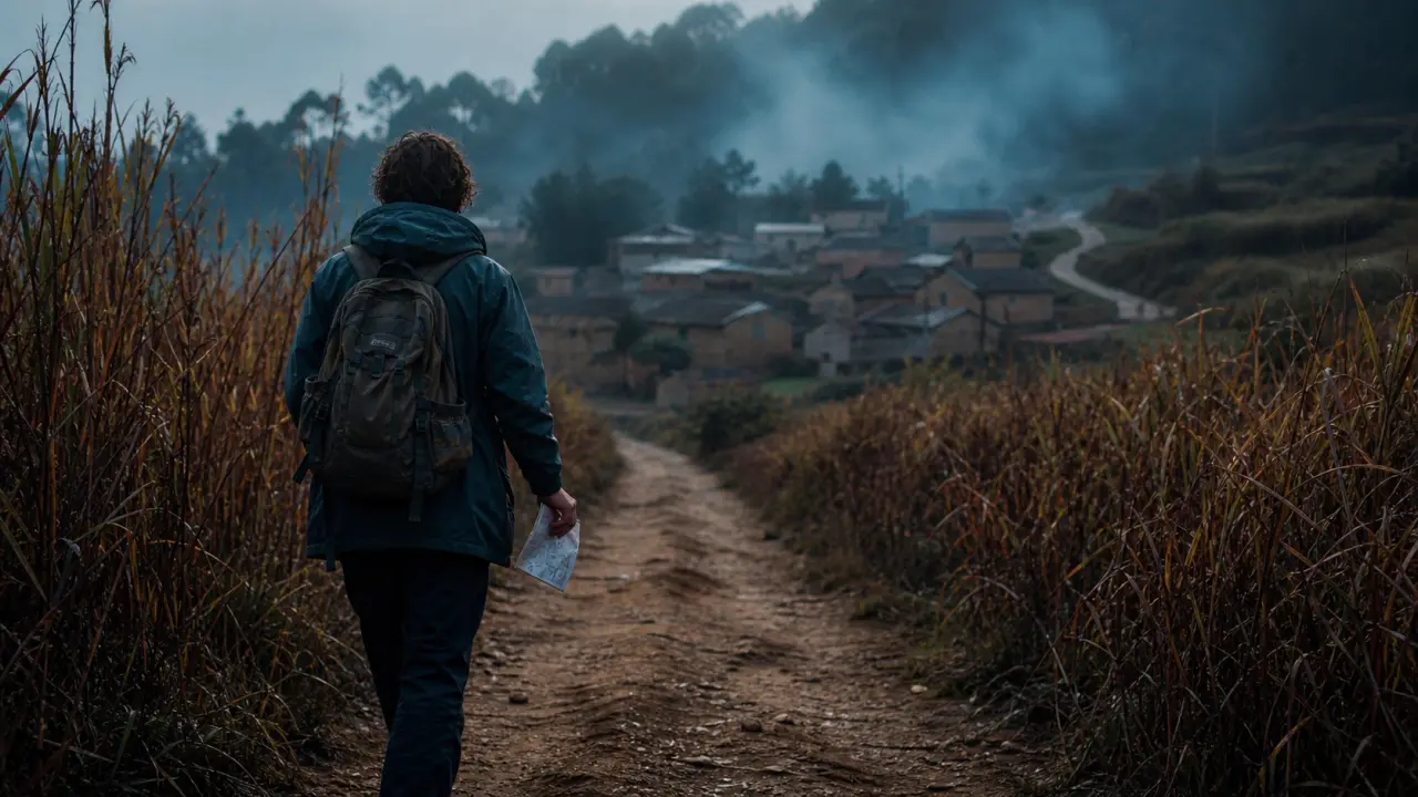 Hors des sentiers battus : voyageur seul sur un chemin de terre en nature, au calme, en brume.