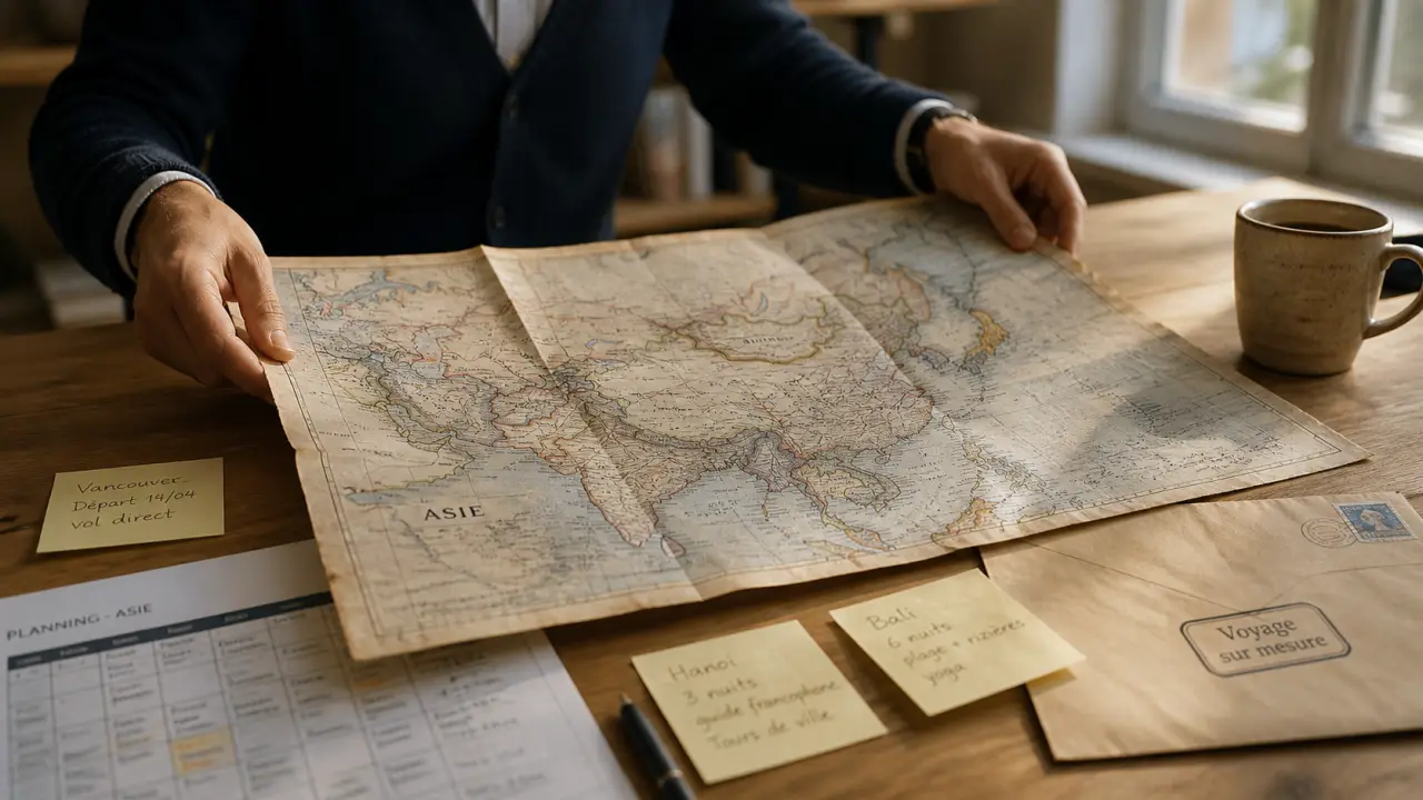 Voyage sur mesure Asie : conseiller déplie une carte et planifie un budget