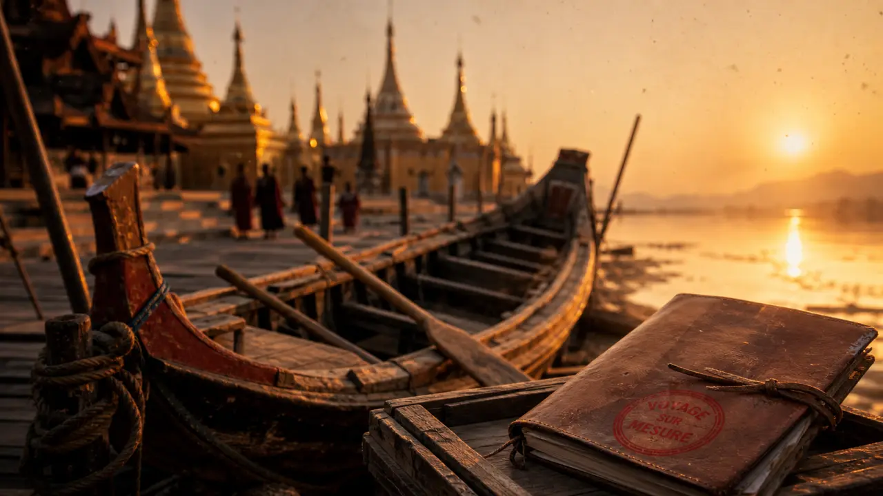 Voyage sur mesure Birmanie : pirogue et pagodes dorées au coucher du soleil