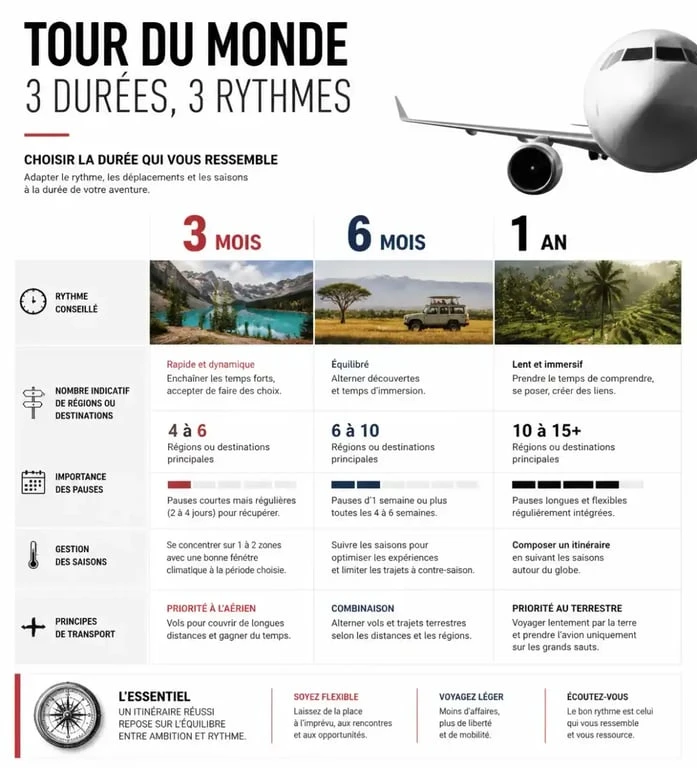 Infographie pour construire un itinéraire tour du monde selon la durée, le rythme et les saisons