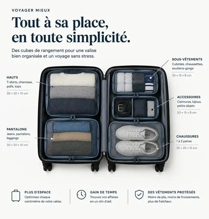 Utilisation de cubes de rangement pour organiser sa valise pour 1 semaine
