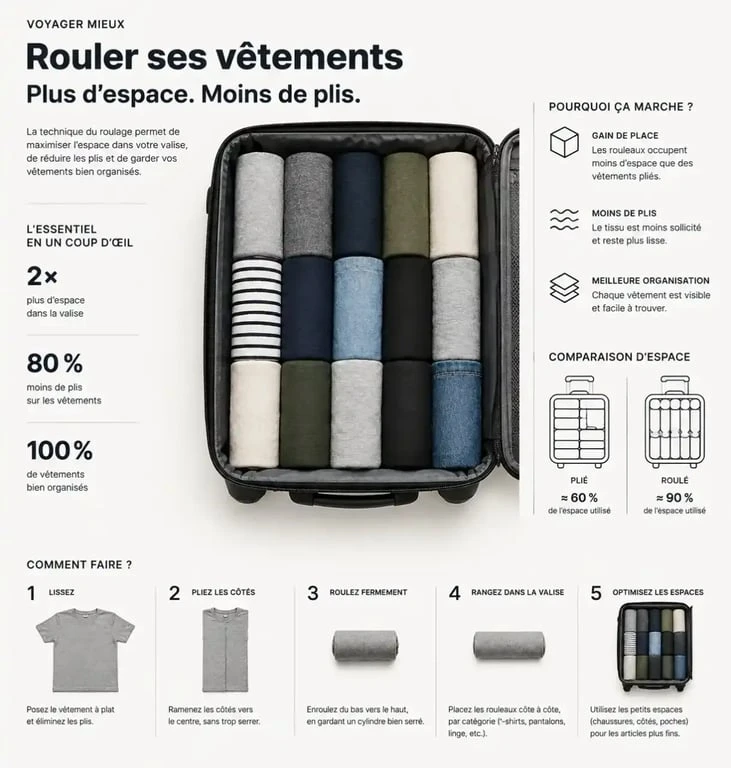 Technique de roulage des vêtements pour optimiser la place dans sa valise pour 1 semaine