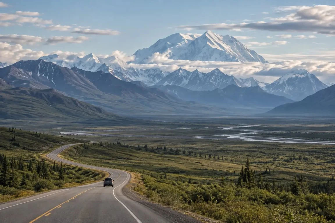 Voyage sur mesure Alaska sur une route panoramique face au Denali