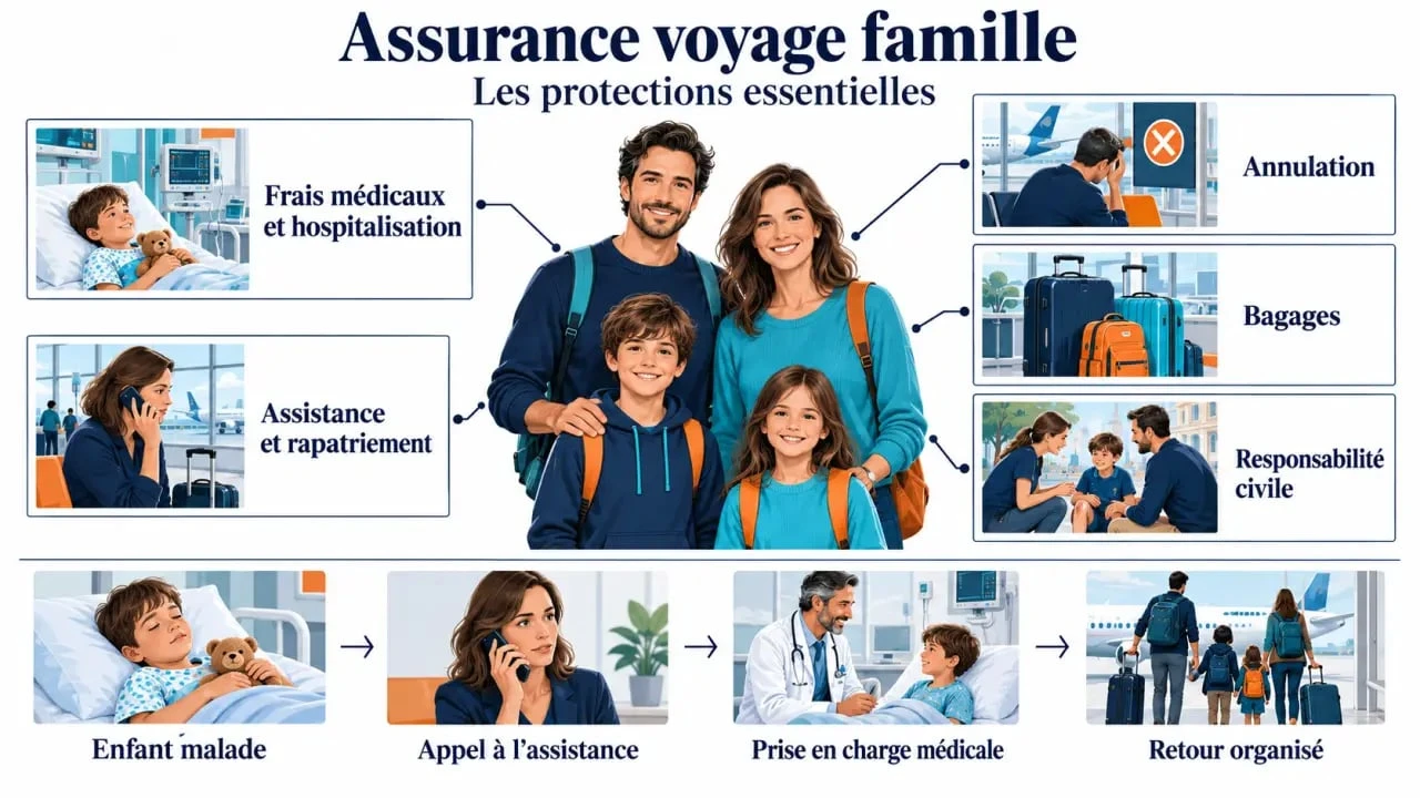 Infographie sur les garanties d’une assurance voyage famille pour protéger parents et enfants
