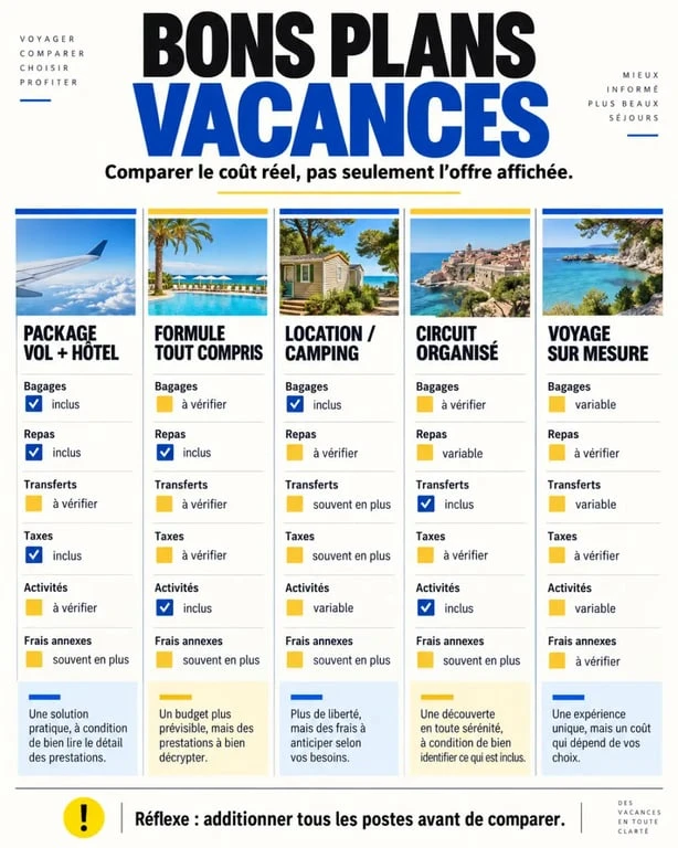 Infographie des bons plans vacances et des frais à comparer selon la formule de séjour