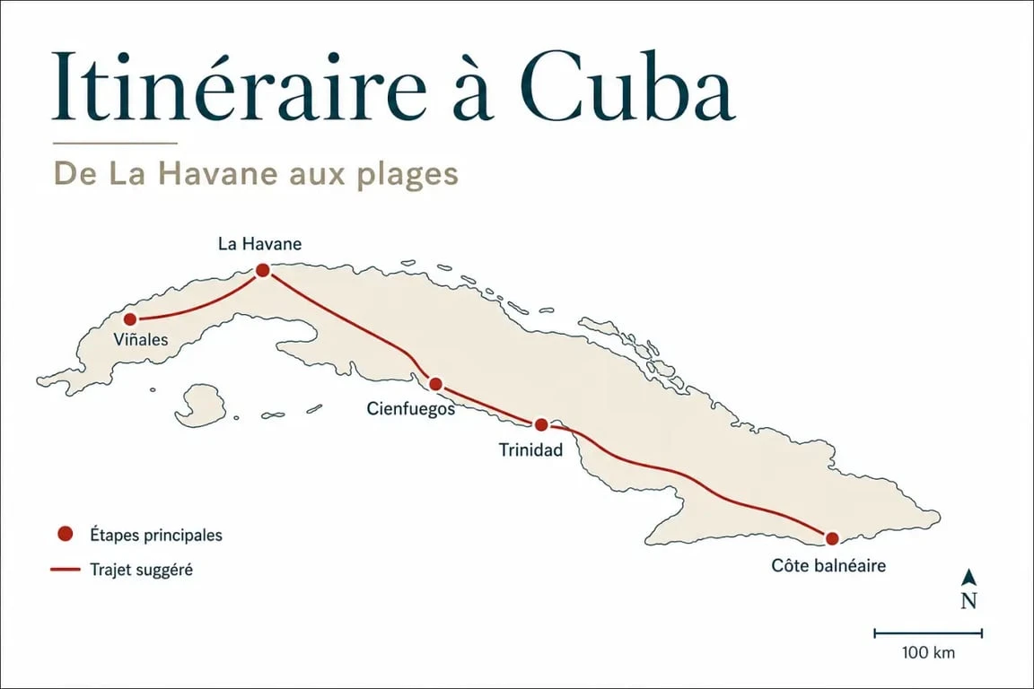 Voyage sur mesure Cuba : carte éditoriale des étapes entre La Havane, Viñales, Cienfuegos et Trinidad