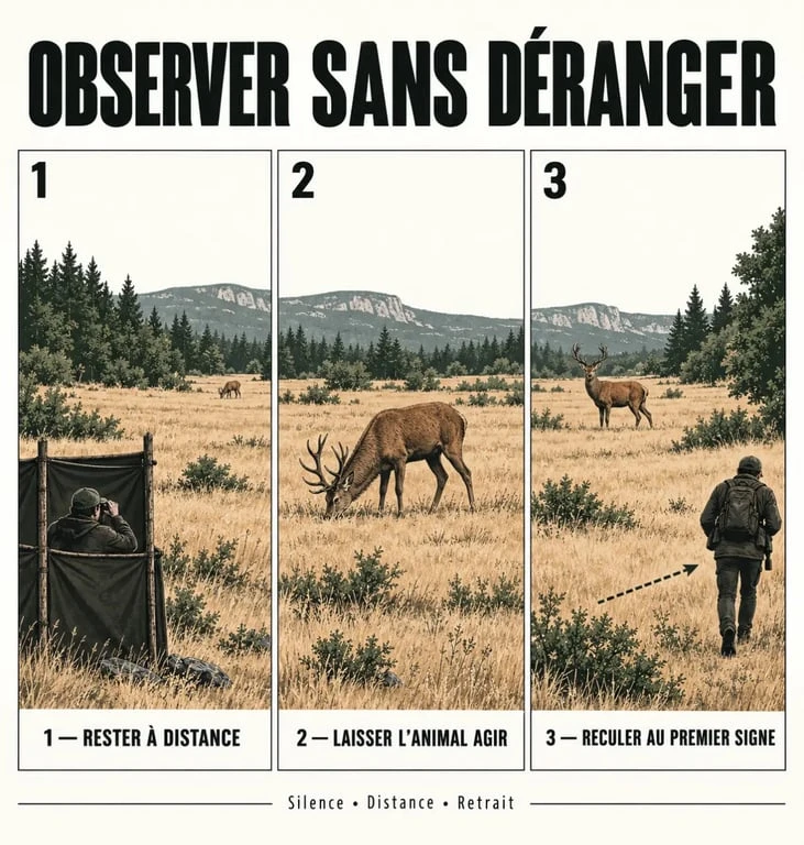 Illustration montrant comment observer les animaux sauvages de manière responsable en voyage, à distance et sans les déranger