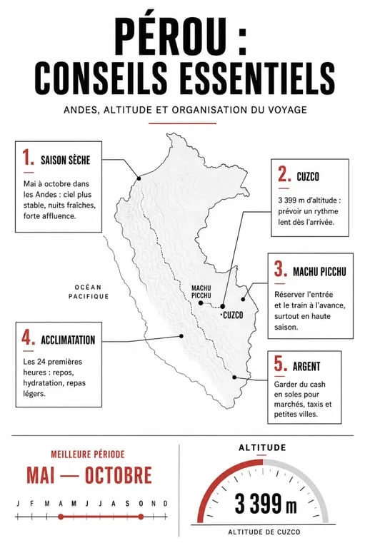 Voyage au Pérou conseils : infographie sur la meilleure période, l’altitude à Cuzco, la réservation du Machu Picchu et les réflexes pratiques