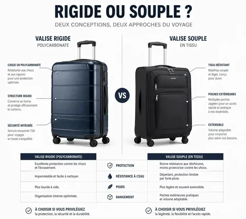 Comparatif valise rigide vs valise souple pour voyage en avion