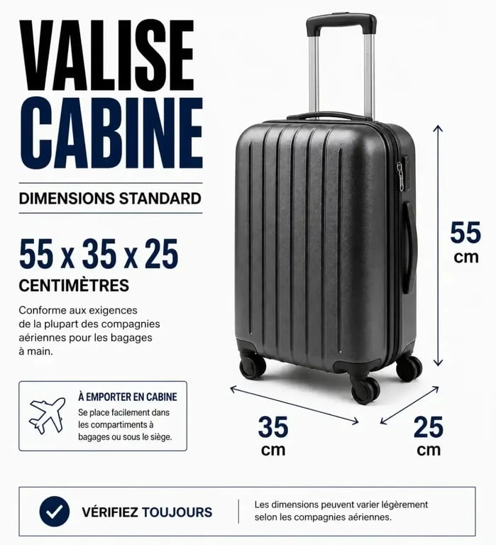 Schéma des dimensions d'une valise pour voyage en avion