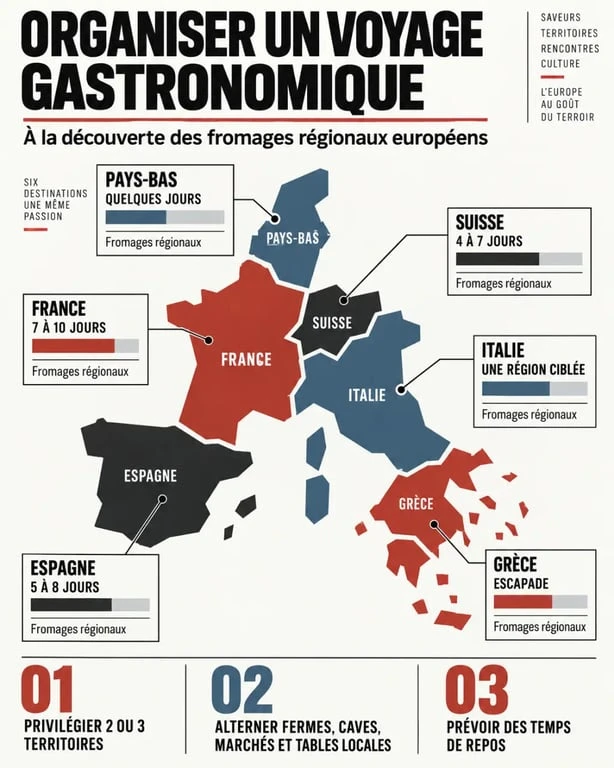 Infographie pour organiser un voyage gastronomique à la découverte des fromages régionaux européens