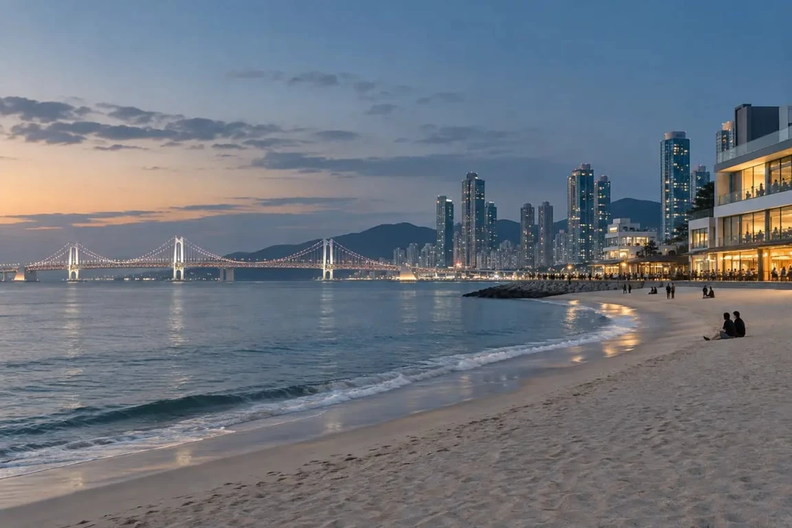 Itinéraire Corée du Sud à Busan entre plage, ville et pont illuminé