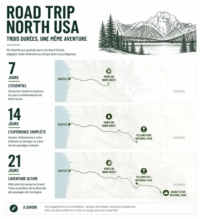 Infographie des itinéraires de road trip north usa sur 7, 14 et 21 jours