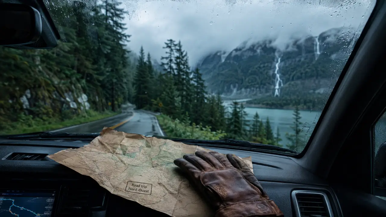 Road trip north usa : SUV sur route sinueuse, forêt humide, brume et lac