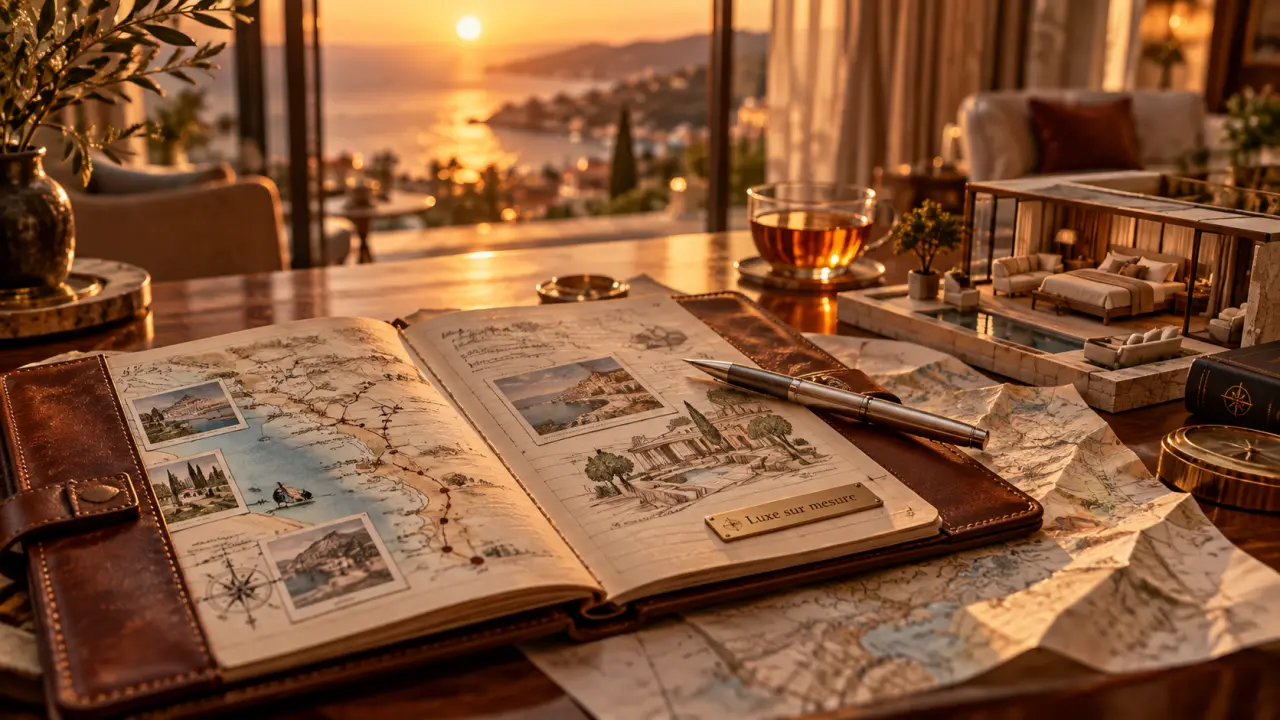 Voyage sur mesure luxe : carnet cuir, road-book et plan d’itinéraire, golden hour