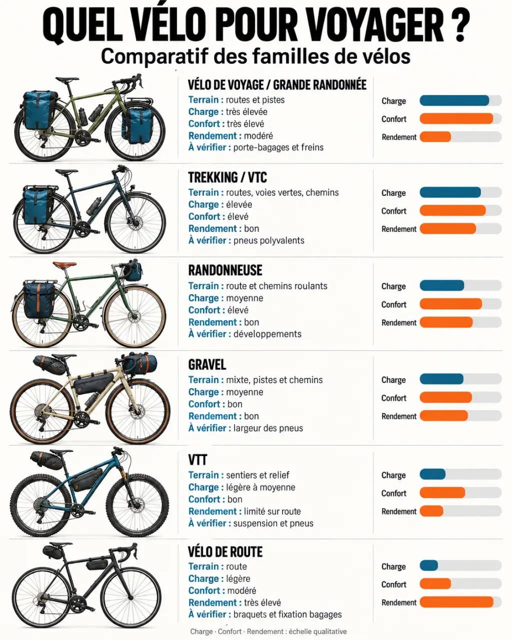Infographie comparative des types de vélo de voyage selon le terrain et la charge
