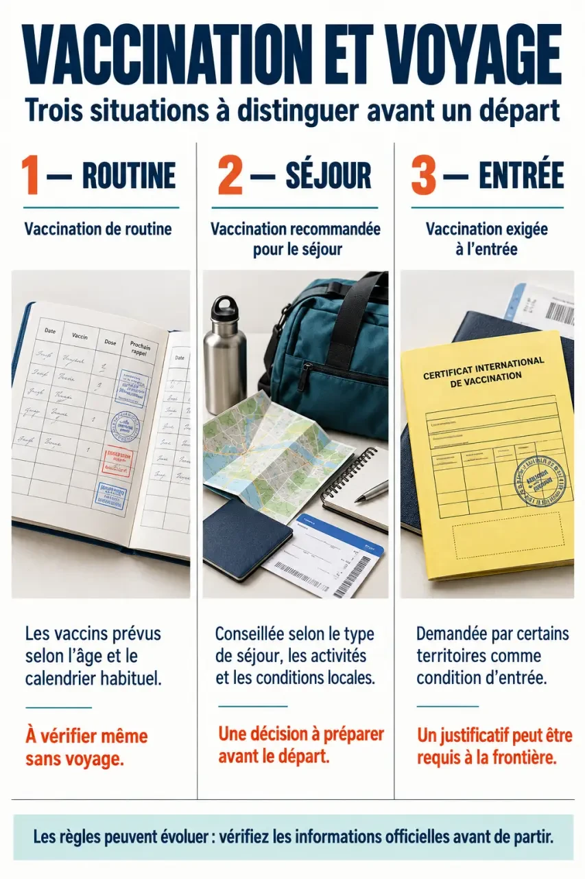 Infographie sur le vaccin voyage suisse : vaccination de routine, recommandée et obligatoire