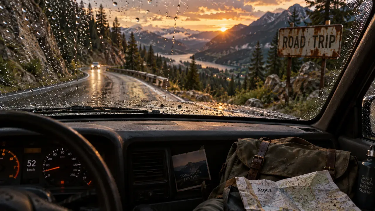 Qu est ce qu un road trip ? Voiture sur route sinueuse, carte et valise, liberté et préparation