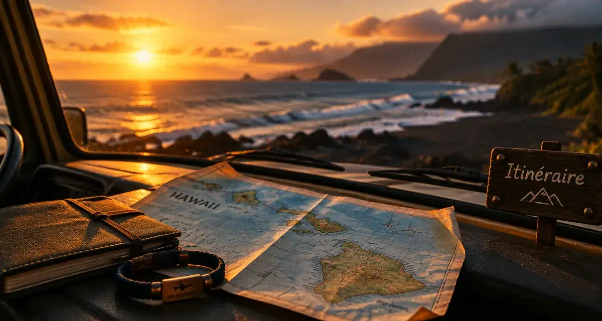 Road trip hawai, itinéraire 16 jours : van et carte Hawaii au coucher du soleil