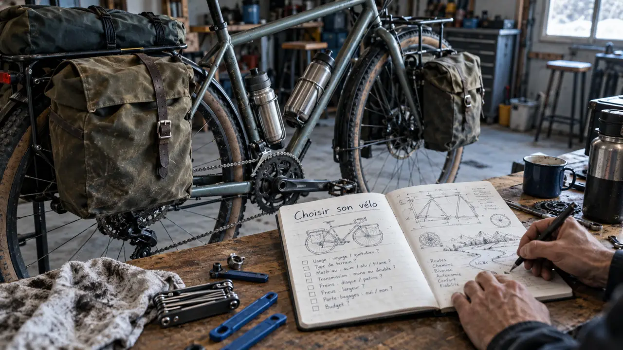 Vélo de voyage chargé, confort et équipements visibles
