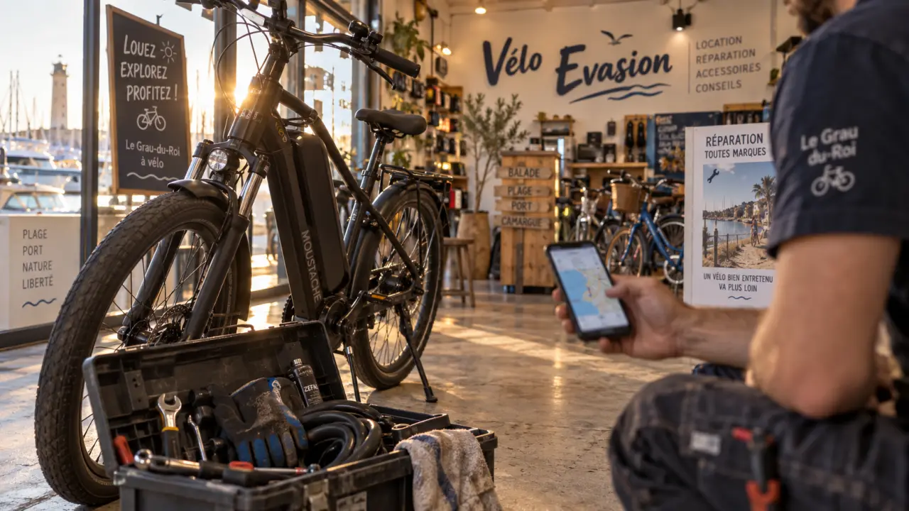 Velo Evasion : vélo électrique près d’une réparation au Grau-du-Roi