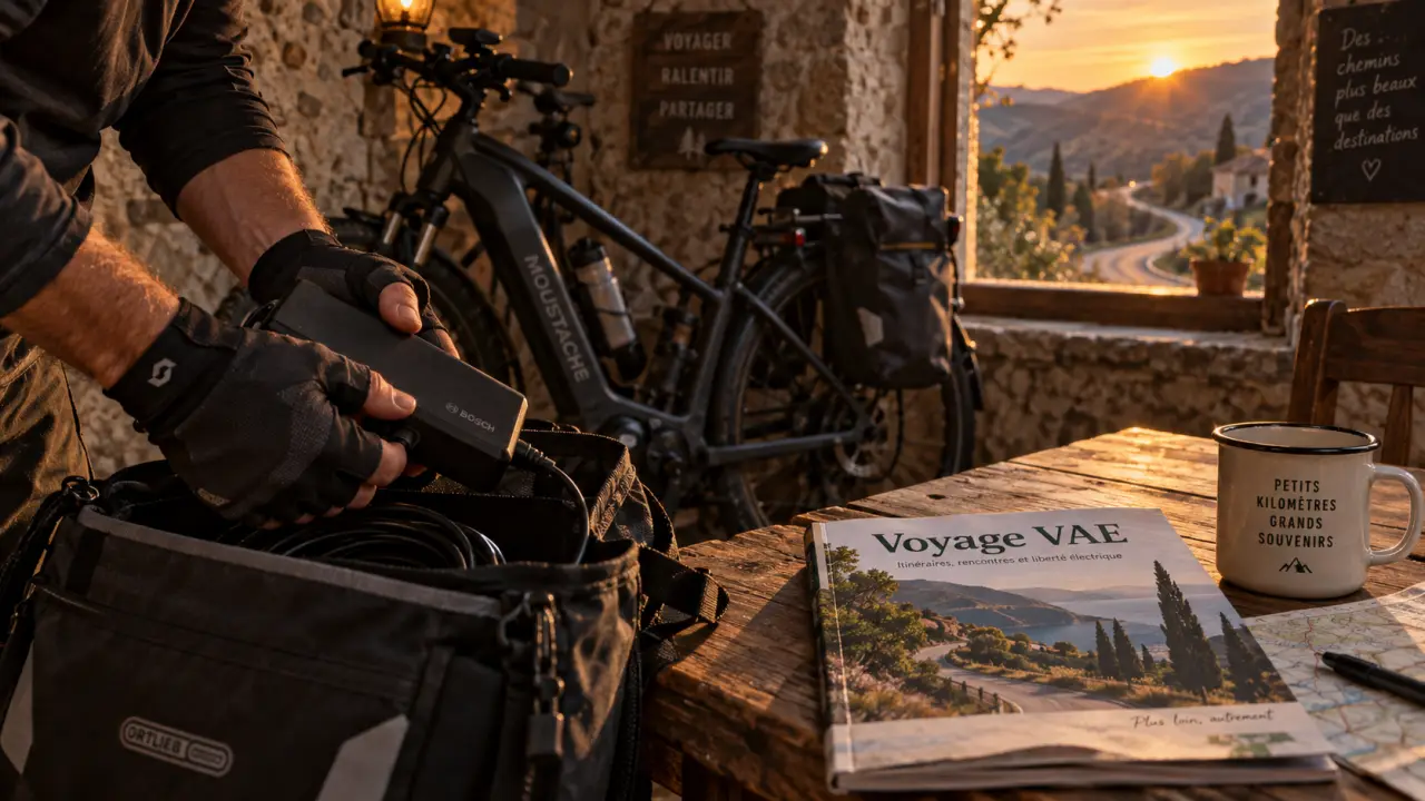 Voyage à vélo électrique : mains ajustant un chargeur de VAE dans un hébergement.